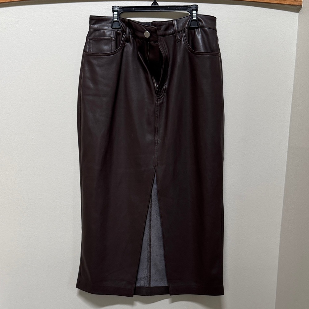 Express Dark Brown Faux Leather Midi Pencil Skirt